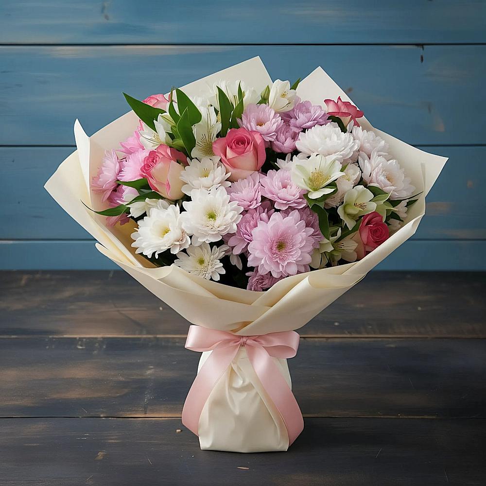 Букет цветов из: Хризантемы, Альстромерии и Розы в Луковской